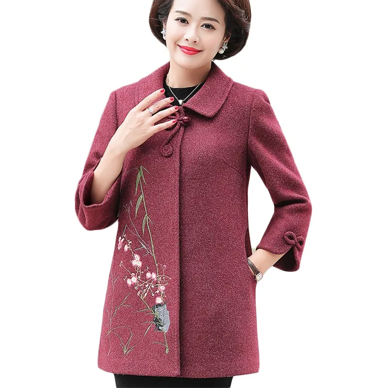 

New Autumn Winter Jacket Coat Women Embroidery Leisure Woolen coats Plus size Middle-aged women Temperament Overcoat 5XL A996