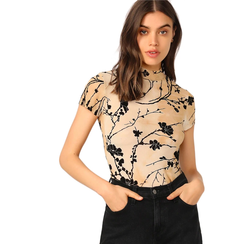 SHEIN Mock Neck Tie Dye растительный принт женские сетчатые топы летние Highstreet Тощий стоячий воротник Кепка рукав кроп женская футболка