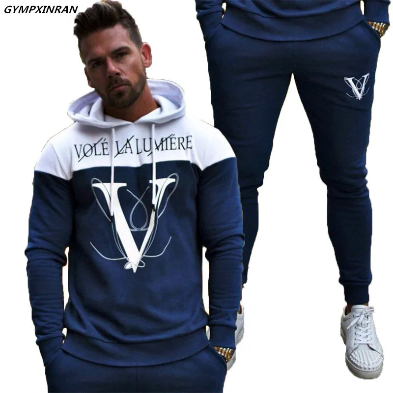 Blue and white 1 Комплекты GYMPXINRAN, спортивный костюм для мужчин, спортивный костюм chandal hombre survetement homme, тренировочный костюм mannen tuta uomo, модный мужской спортивный костюм - Цвет: Blue and white 1