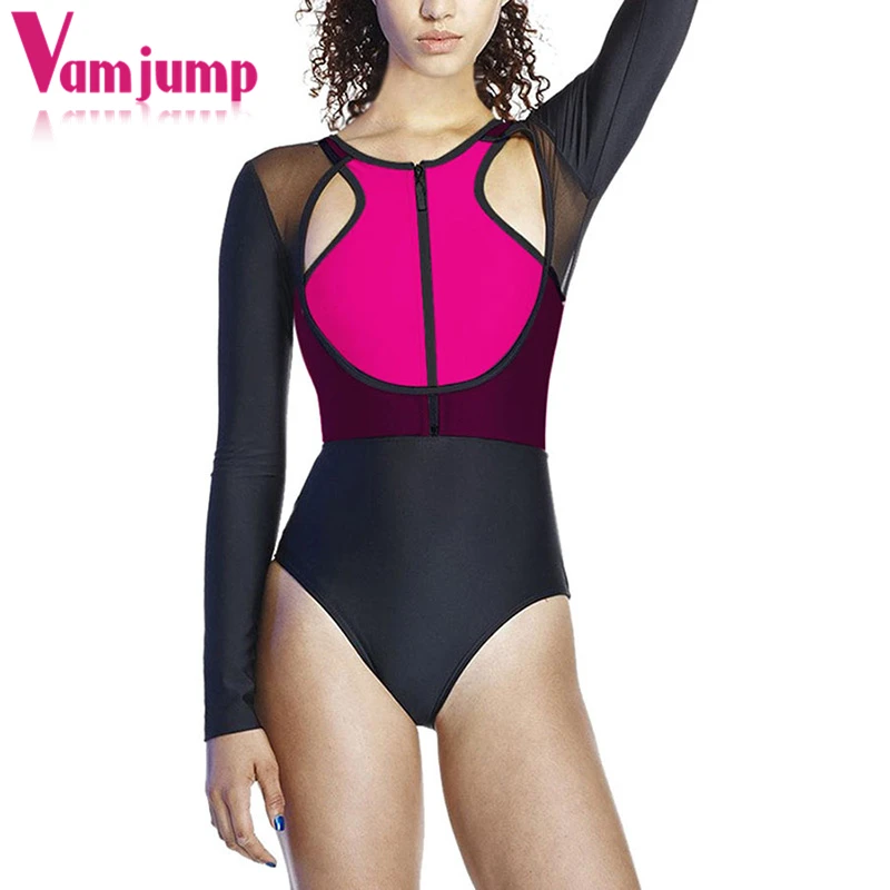 VamJump с длинным рукавом Zip Front купальники Для женщин Лето 2018 Цвет блок бикини APSW5878