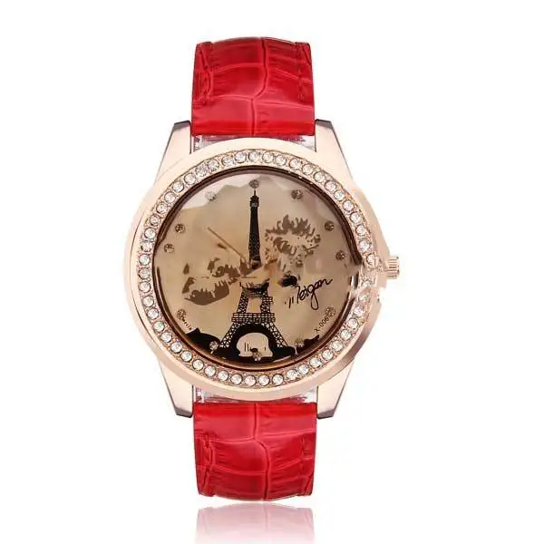 BluffCreek Fashion Leather Eiffel Tower Lip Crystal Women Quartz Wrist Watch | Красота и здоровье