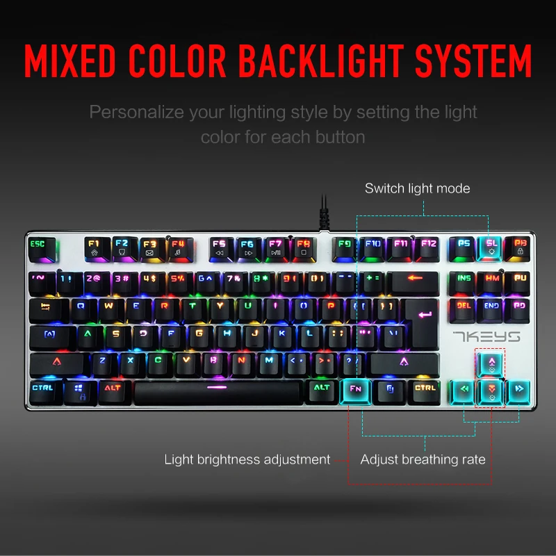 Проводная USB Механическая игровая клавиатура RGB 87 клавиш портативный синий