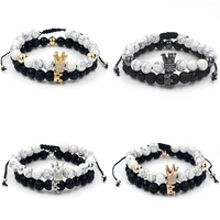 2pcsset couple bracelets sets for women men black white beads crown shaped charm fashion temperament braiding bracelet gifts