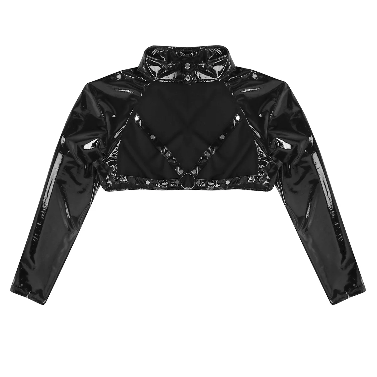 Абсолютно мужской топ Wetlook с длинным рукавом и стоячим воротником, с круглым вырезом спереди, сексуальный клубный костюм для ночного клуба
