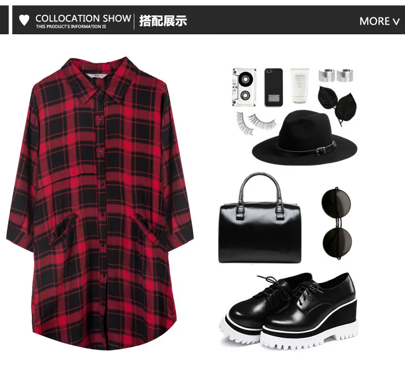 2017 Весна Женщины три четверти рукав длинный клетчатую рубашку поворот воротник