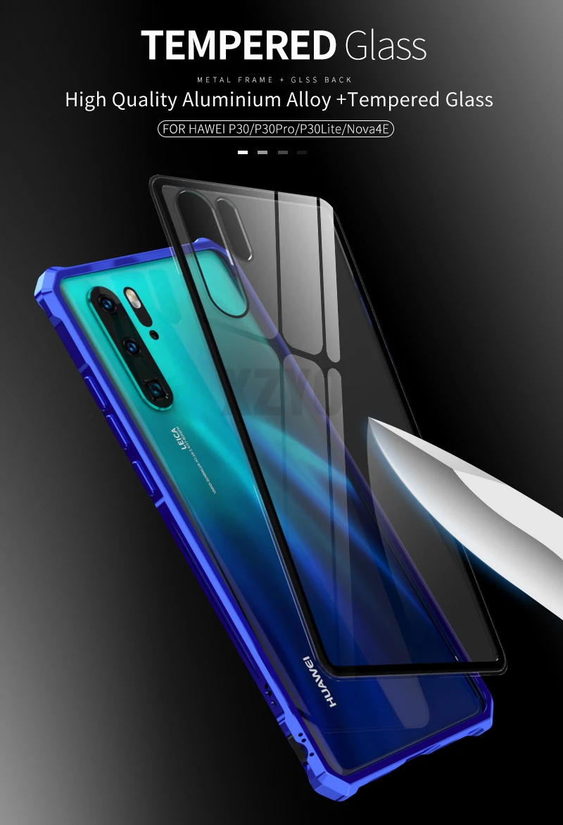Алюминиевый металлический чехол-бампер для huawei P30 Pro Lite, Противоударная рамка, прозрачная 9H стеклянная задняя крышка, huawei P30Pro чехол s P30Lite