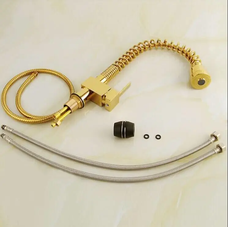 

Free Shipping Pull Out kitchen faucet Golden brass hot and cold water tap sink mixer tap wash basin faucet basin mixer