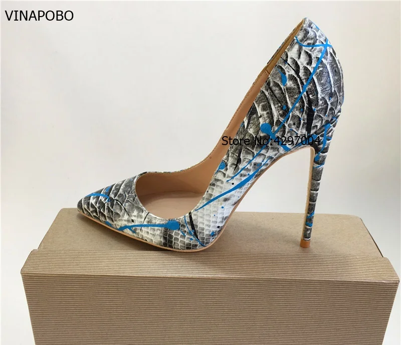 Vinapobo Top Quality python Snake Printing Women High Heels 2018 NEW Fashion Party Wedding Blue Sexy patry Shoes Size 43 | Обувь