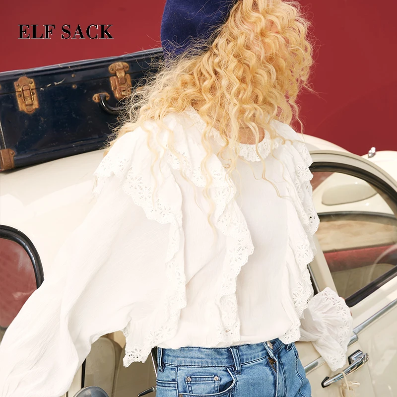 ELFSACK Autumn New Fashion Woman Shirts Cotton Solid Casual Women Shirt O Neck Ruffles Streetwear Ins Girl Female Cloth|Рубашки| |