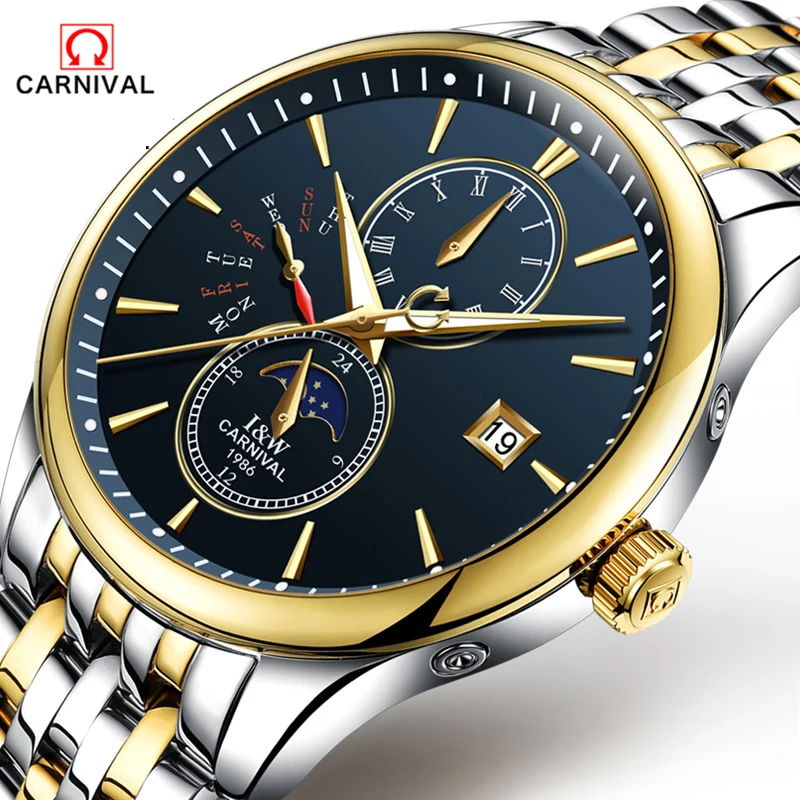 

CARNIVAL 2018 Men Watches Luxury Top Brand Sport Mechanical Watch Gold Clock Men Automatic Wristwatch With Moon Phase Full Steel
