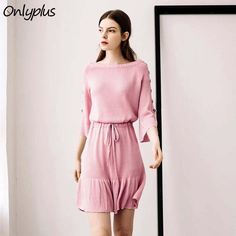 Onlyplus плечо от женское платье Вязание Платья-свитеры элегантные свободные зимние