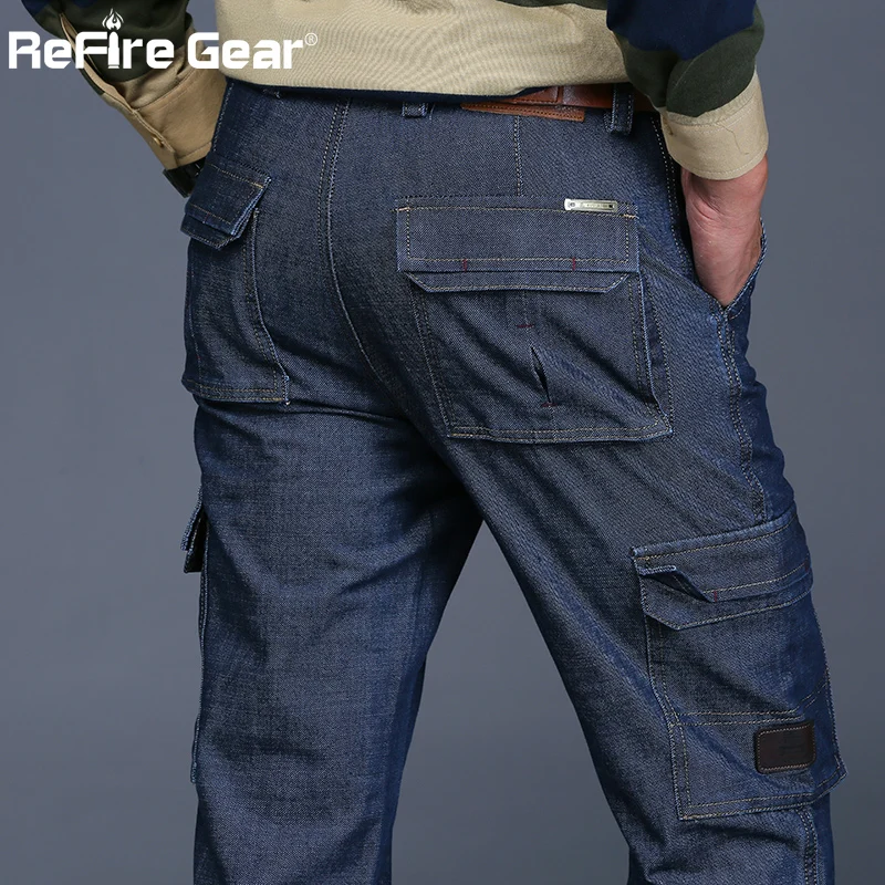 Refire gear толстые повседневные джинсы для мужчин хлопок мульти карман мотоциклетные байкерские джинсы стрейч гибкие носимые военные джинсовые брюки карго