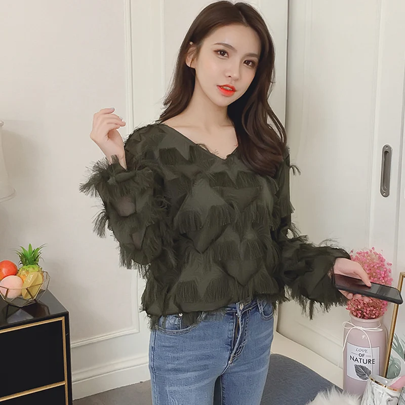 Blusas Mujer De Moda Новинка осени 2018 шифоновые Женские топы с кисточками и перьями
