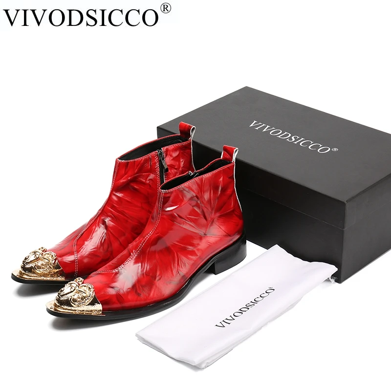 

VIVODSICCO New Ankle Winter Shoes Genuine leather Men Pointed Toe Metal Toe Men's Dress Boots Fashion Mens Booties Botas Hombre