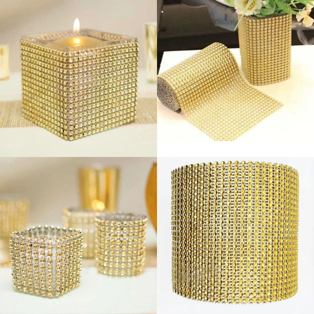 

1Yard 8/24 Rows Gold Silver Crystal Diamond Mesh Rhinestone Ribbon for Wedding Party Gift Vase Floral Decoration Products Decor