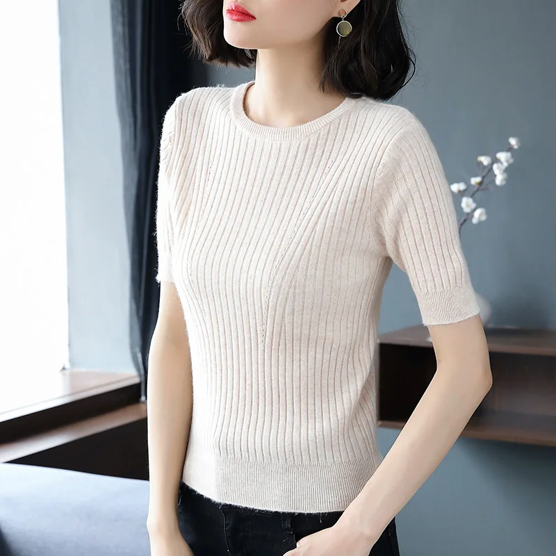 

Summer new round neck pullover solid color short-sleeved sweater female Slim half-sleeved knit bottoming shirt thin T-shirt top