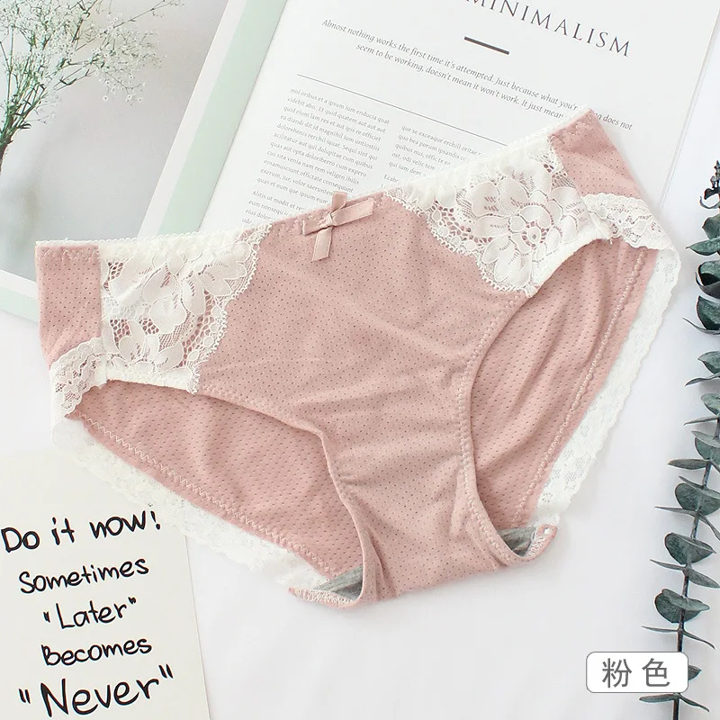 Roseheart Women Fashion Pink Gray Cotton Lace Bow Low Waist Panties Underwear Lingerie Briefs 3 Piece Color Plus Size | Женская одежда