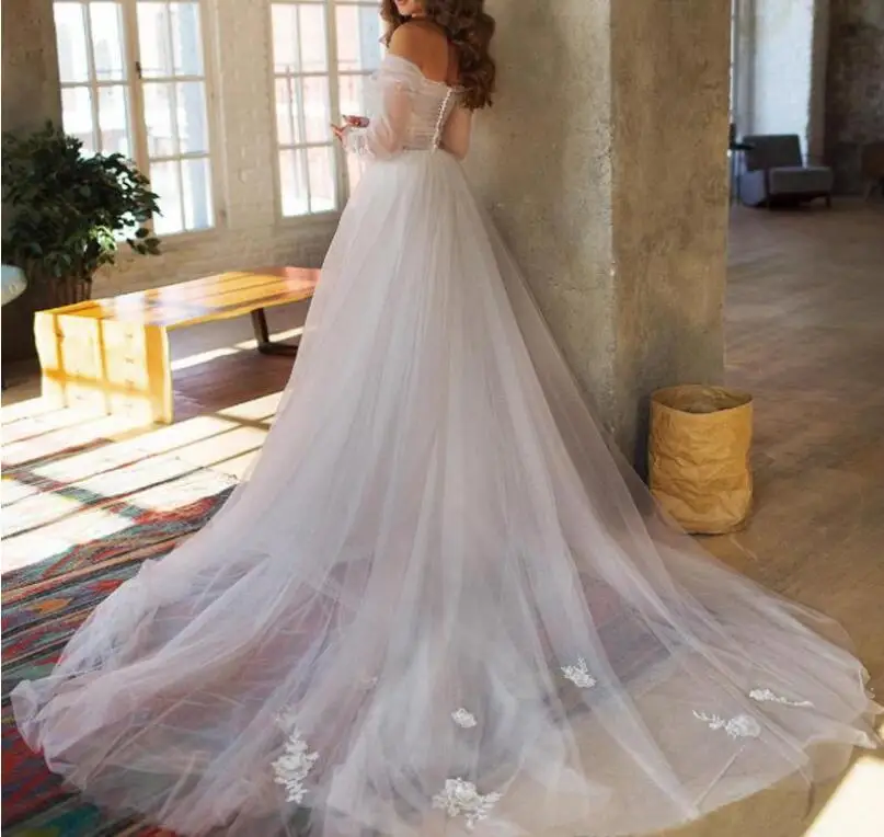 2019 Sexy Off Shoulder A Line Wedding Dresses With Long sleeves Plus Size Summer Beach White Tulle Appliqued Bridal gown | Свадьбы и