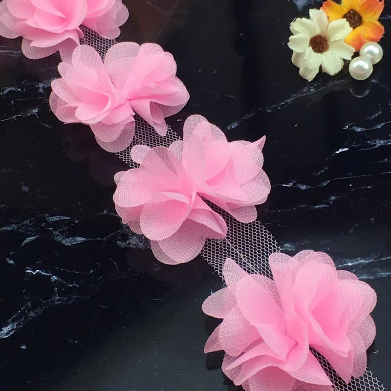 Pink Цветы 3D шифон кластер Цветы Кружева платье украшение кружевная ткань аппликация отделка Швейные принадлежности - Цвет: Pink