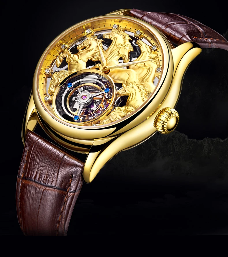 Топ бренд для мужчин Tourbillon механические часы Зодиак лошадь Скелет 24 К золото кожа для мужчин s Чайка Tourbillon часы Поддержка на заказ