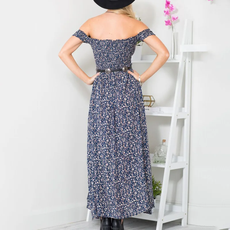 Женщины Долго dress Урожай Цветочные Печати Рукавов С плеча Сплит Высокой Талией