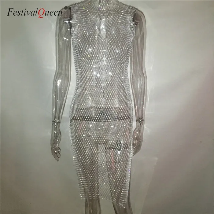 white long o neck Праздничная королева, сексуальная Сетчатая футболка со стразами, платье для женщин, уличная одежда, высокая эластичность, бодикон, открытая, с разрезом, на бедрах, блестящее платье для вечеринки - Цвет: white long o neck