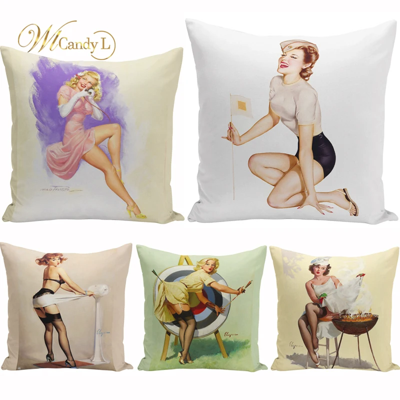 WL Candy L винтажная картина Pinup Сексуальная подушка для девочки крышка 45*45 см льняная
