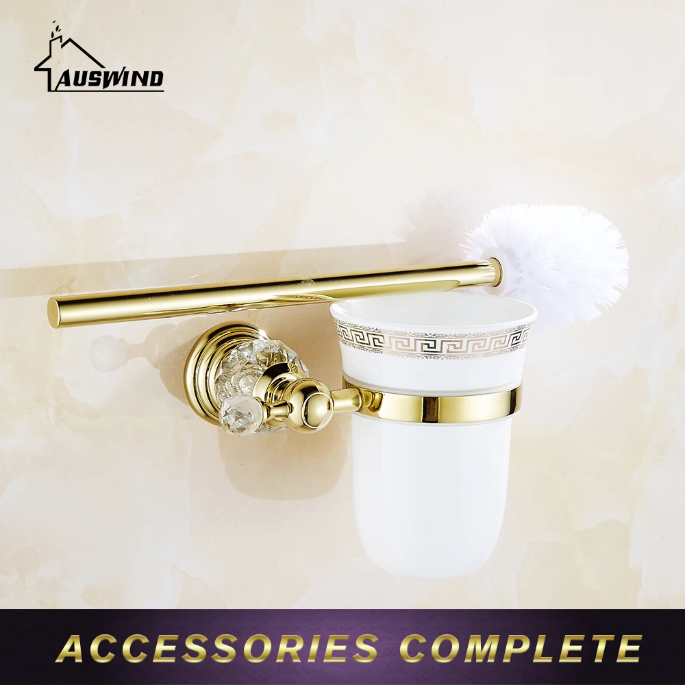 Polished Gold Bathroom Accessories White Crystal Bath Decoration Bathroom Hardware Set Solid Brass Double Towel Ring Holder images - 6