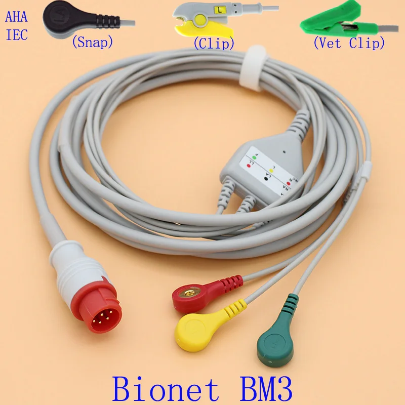8P ECG EKG 3 провода кабель и электрод leadwire для Bionet BM3 с AHA/IEC/Snap/клип/ветеринарный зажим|