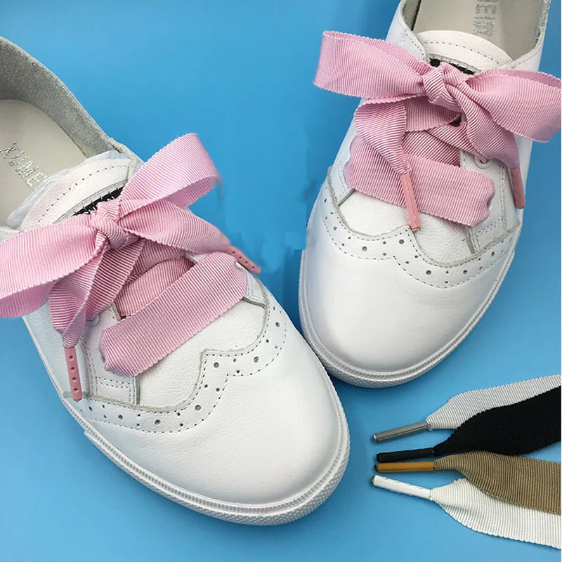

SENTCHARM 2cm Wide Solid Ribbon Striped Girl's Shoelaces Flat Shoestrings With Metal Aglet For Casual Shoes