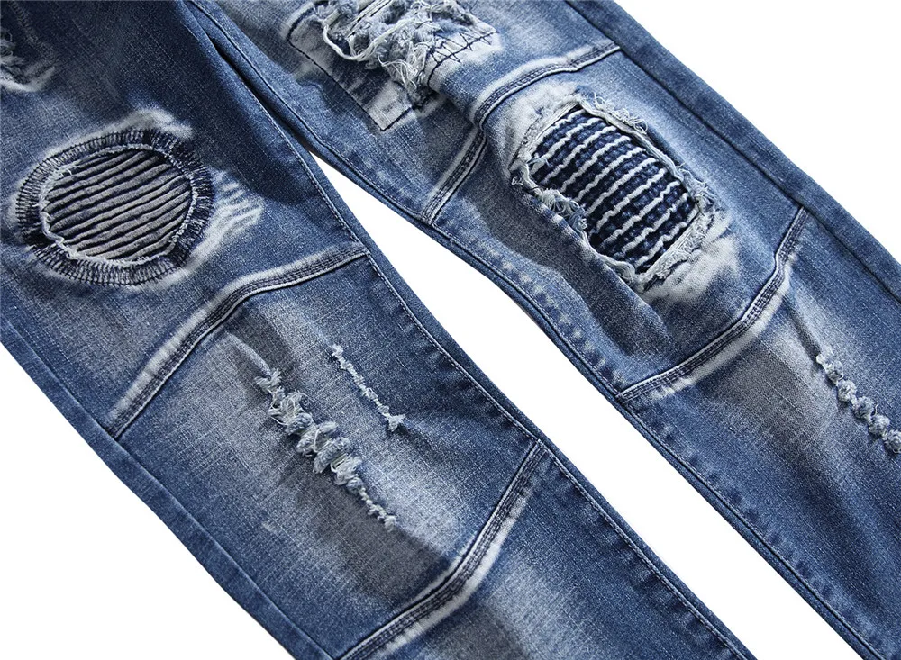 Biker Jeans Men Skinny Hole Motorcycle Stretch Cargo Denim with Embroidered Pleated Slim Jean Men's Plus Size 40 42 Pants | Мужская