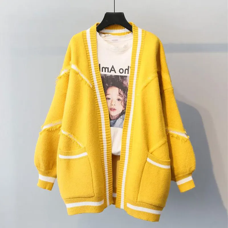 Spring Autumn Sweater Women 2019 Loose Fashion Female Medium Long Knit Cardigan Thicken Plus size Creamy-white Feminine Coat S31 |