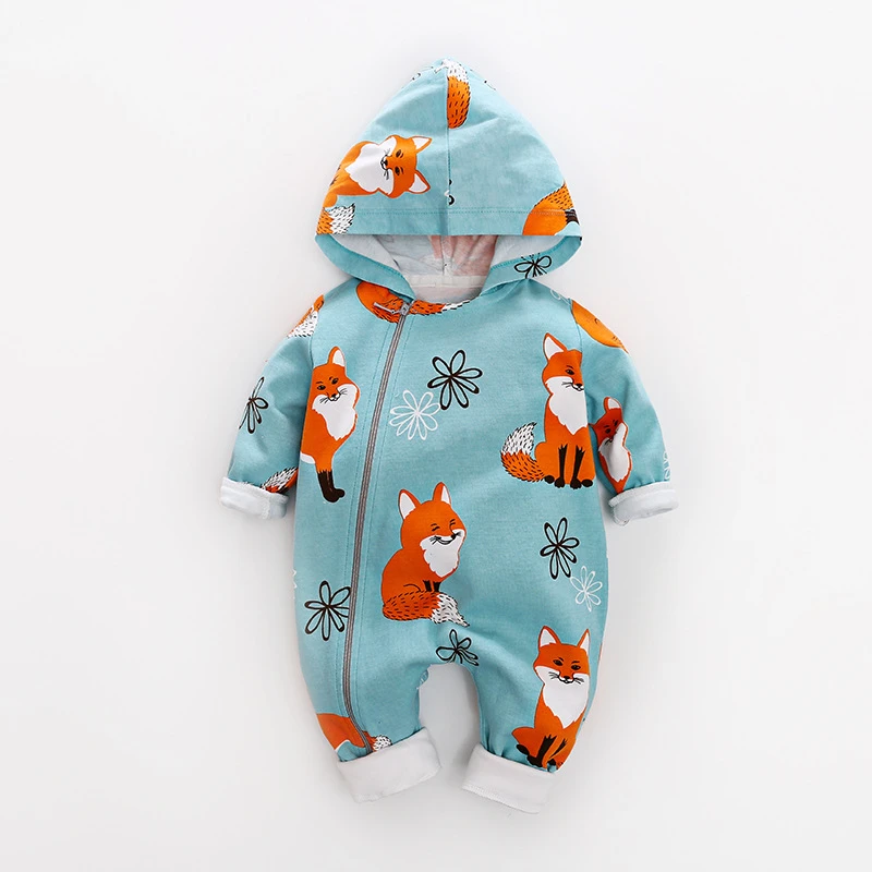 Newborn Baby Boys clothes Long Sleeves Hooded Fox Print Romper infant Jumpsuit Kids Clothing spring autumn cotton romper
