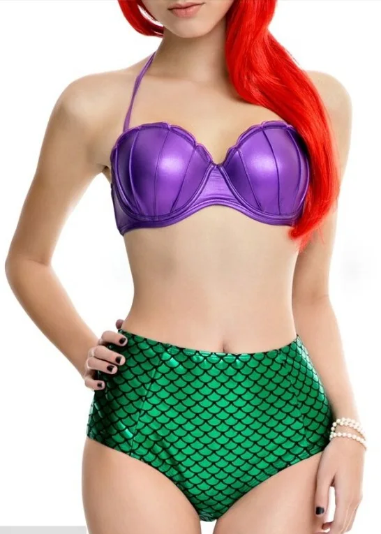 Женский купальник-бикини с завышенной талией фиолетовый и зеленый цвета лето 2019 |