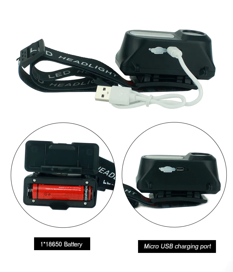 Портативный мини XPE+ светодиодный налобный фонарик COB зарядка через usb 18650 Факел Открытый Кемпинг Туризм рыболовные Налобные фонари фонарик