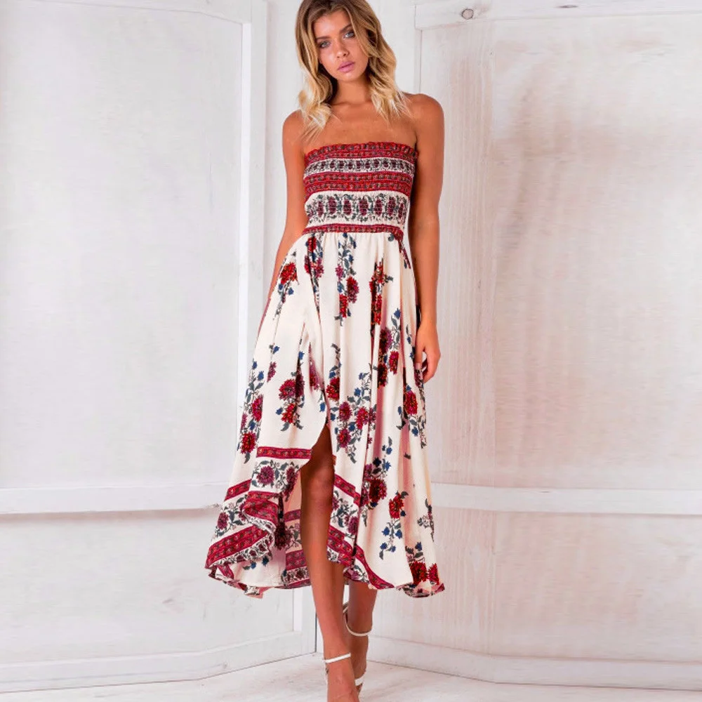 Loneyshow 2018 Summer Dress Women Slash Neck Sexy Holiday Printed Mid-Calf Length Dresses | Женская одежда