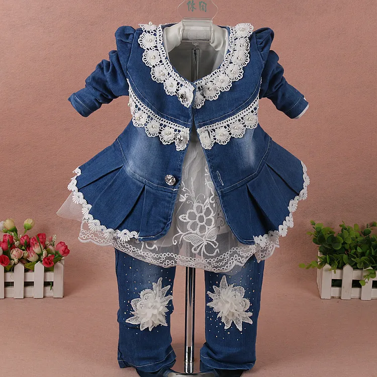 Новые весенние комплекты одежды для девочек: джинсовая куртка с цветочным принтом+ футболка+ штаны, Детские комплекты одежды из 3 предметов, осенний повседневный костюм для девочек, детские джинсы