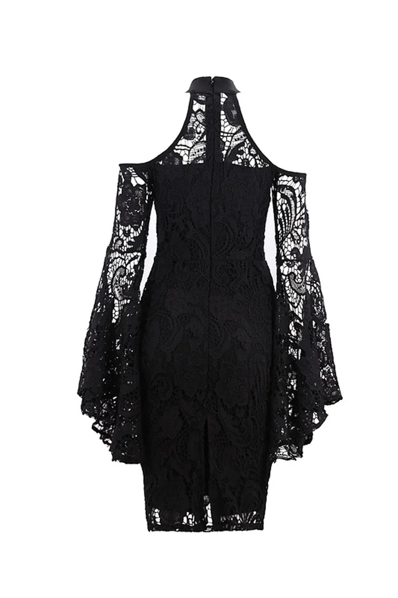 

Sexy Lace Black Dress Summer 2018 Women Clothes Party Club Dresses Cold Shoulder Halter Flare Sleeve Slit Bodycon Bandage Dress