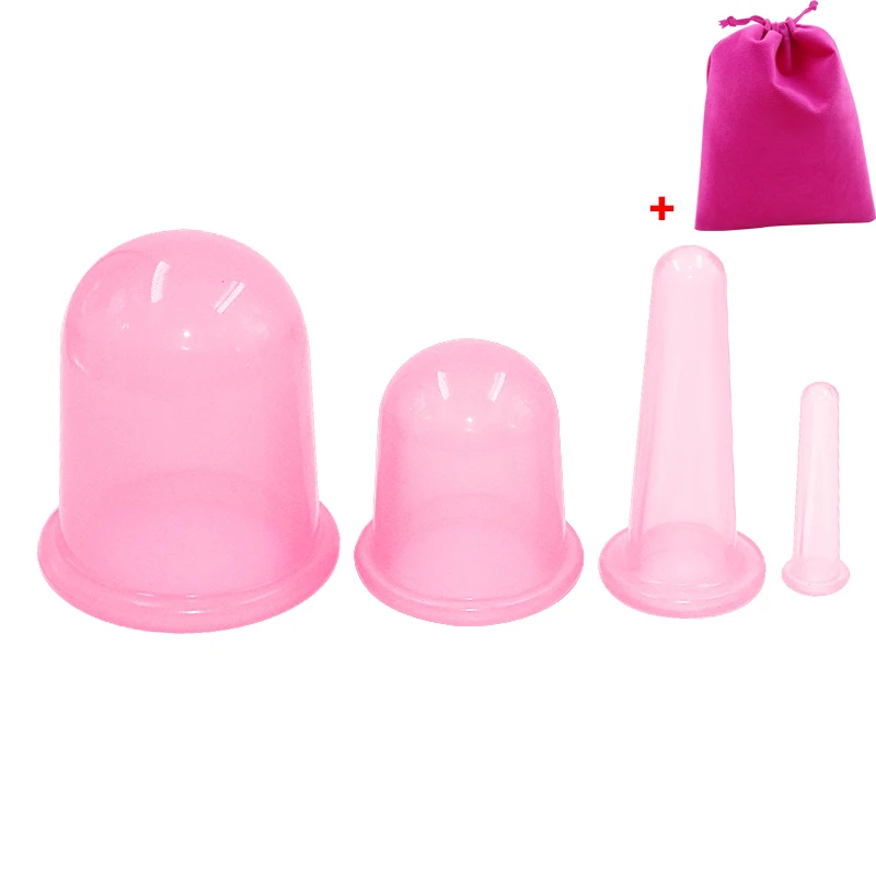4PCS Pink Силиконовые медицинские банки для терапии тела чашки набор для лица шеи спины глаза массаж вакуумные банки антицеллюлитный массажер на присоске лечение - Цвет: 4PCS Pink