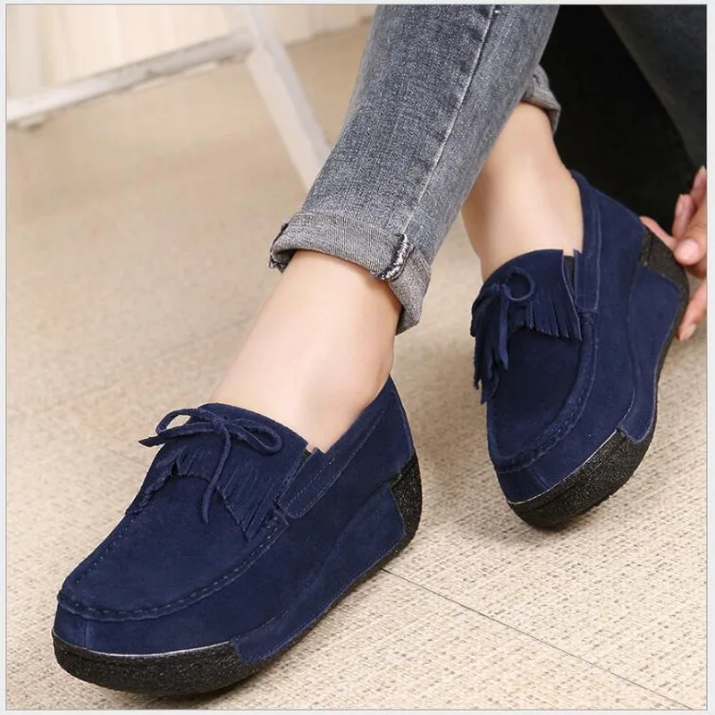2021 Autumn Winter Women Shoes Ballet Cow Suede Leather Flat Platform Woman Casual Shoes Slip On Women's Loafers Moccasins Shoe