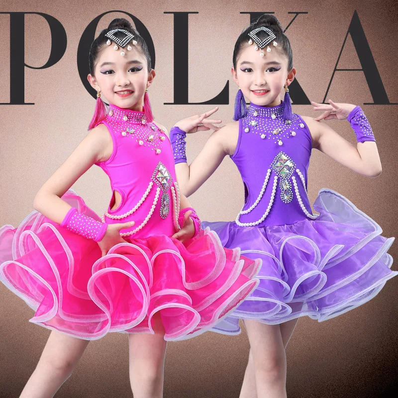 

Kid Beaded Rhinestone Tango Salsa Latin Ballroom Dance Tulle Dresses Sequin for Girls Dance Clothes Dancing Competition Costume