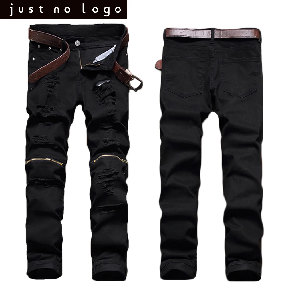 Мужские черные джинсы коленях молния Байкер Denim Slim Fit Torned узкие прямые хип-хоп