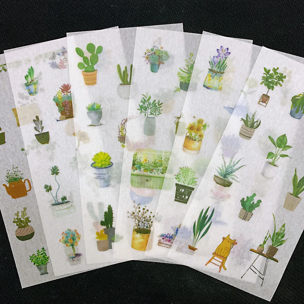 

6 Sheets Fresh Cactus Green Plants Succulents Adhesive Stickers Decorative Album Diary Stick Label Kids Gift