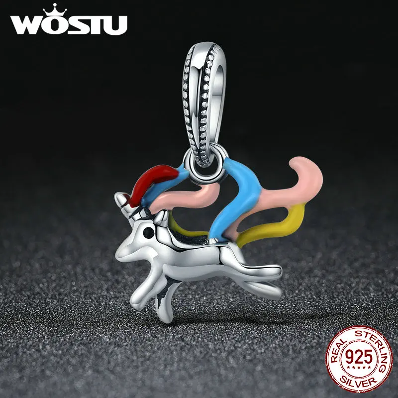 WOSTU Новая мода 925 пробы Серебряный красочный единорог талисман на память кулон подходит для женщин Шарм браслет DIY Ювелирные изделия CQC502