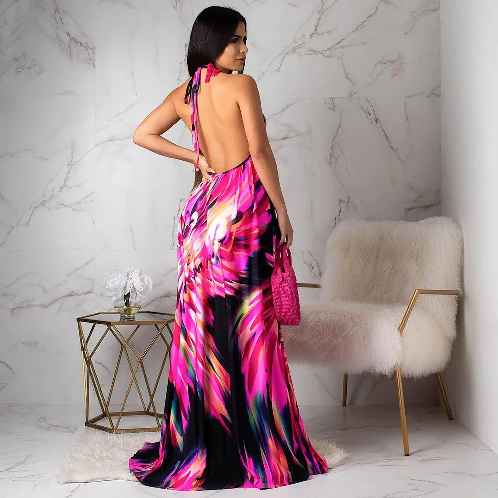 Женское летнее платье макси с цветочным принтом Пляжное длинное открытой спиной