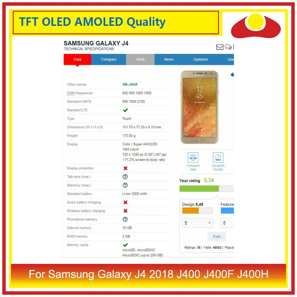 Оригинальный ЖК дисплей с дигитайзером сенсорного экрана для Samsung Galaxy J4 2018 J400 J400F