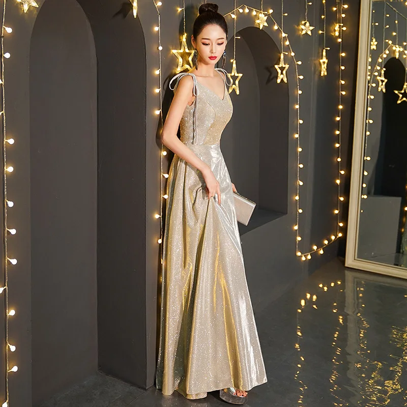 He's Bride Gold Evening Dress V-Neck Sleeveless Floor-Length Party Prom Gown Custom Robe De Soiree | Свадьбы и торжества