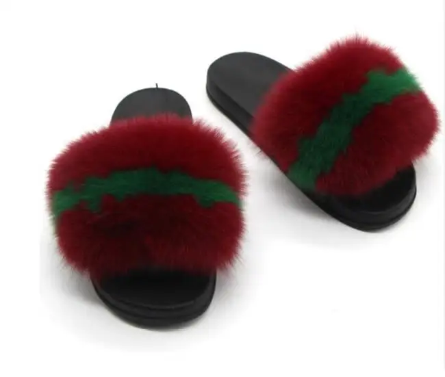 Dark red green Женские зимние теплые меховые тапочки; Женская милая пушистая домашняя обувь; плюшевые пушистые тапочки с лисьим мехом; женские шлепанцы; Вьетнамки; сандалии - Цвет: Dark red green