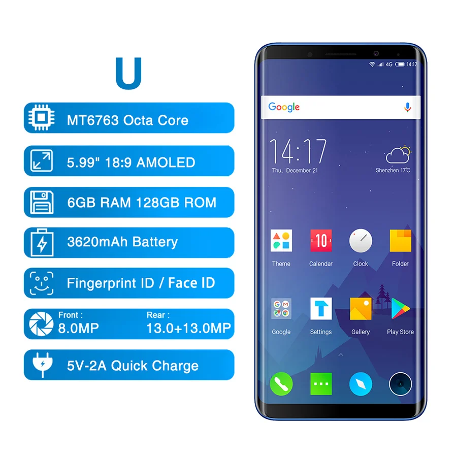 Elephone U смартфон с 5 99-дюймовым дисплеем восьмиядерным процессором MT6763 ОЗУ 6 ГБ ПЗУ