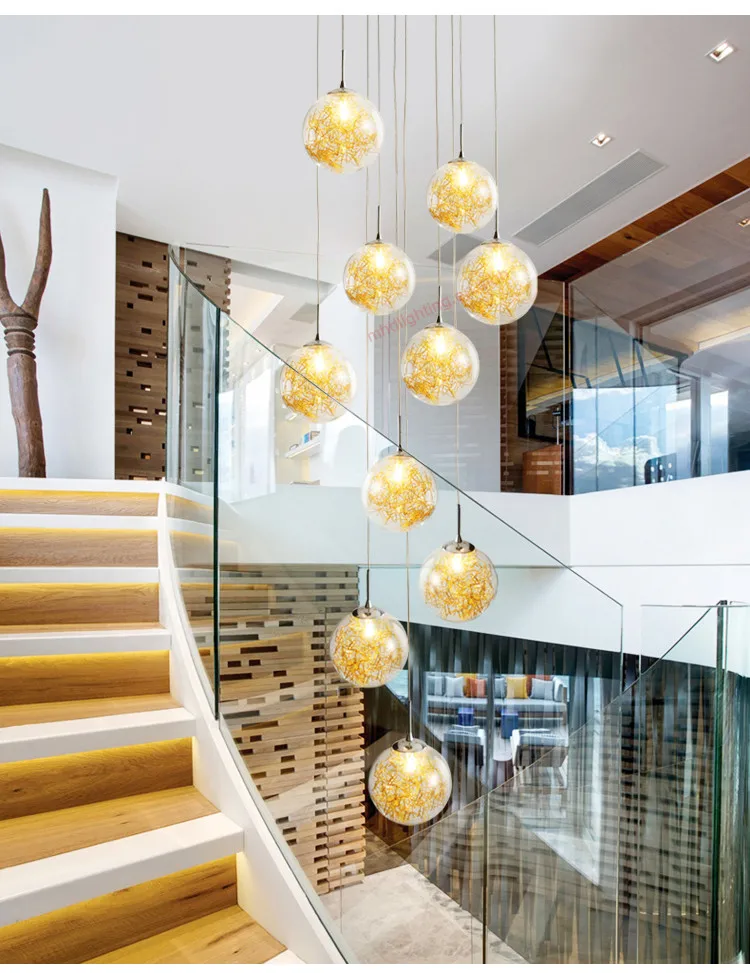Art deco custom villa circular hand blown round glass spiral hanging high ceilings staircase modern lights for home chandelier